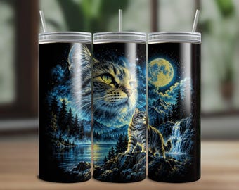 Vintage 90s Cat Tumbler Wrap, Fantasy Night Cat Design, Retro Wildlife Sublimation Art (Digital Download)
