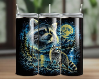 Vintage 90s Raccoon Tumbler Wrap, Fantasy Night Raccoon Design, Retro Wildlife Art (Digital Download)