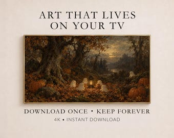 Halloween Forest Frame TV Art, Ghosts Lantern Pumpkins Autumn Scene (Digital Download)