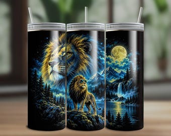 Vintage 90s Lion Tumbler Wrap, Fantasy Night Lion Design, Retro Wildlife Sublimation Art (Digital Download)