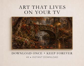 Autumn Ghosts on the Stone Bridge Frame TV Art, Halloween Forest Landscape (Digital Download)