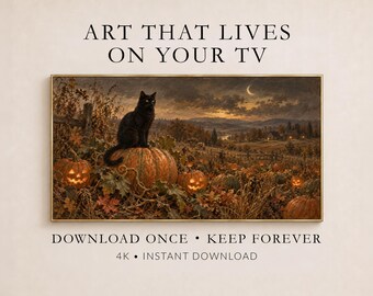 Black Cat Pumpkin Patch Frame TV Art, Autumn Halloween Landscape (Digital Download)