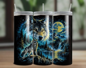 Vintage 90s Wolf Tumbler Wrap, Fantasy Night Wolf Design, Retro Wildlife Sublimation Art (Digital Download)