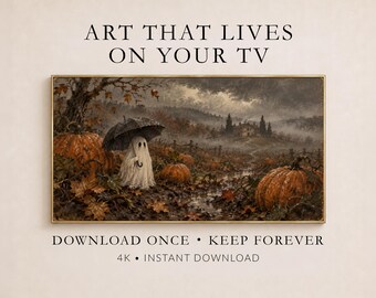 Ghost Beneath the Black Umbrella Frame TV Art, Halloween Pumpkin Patch (Digital Download)