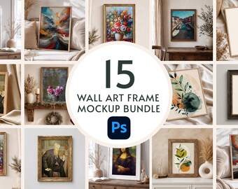 15 Portrait Wall Art Frame Mockups | Wood Gold Rustic Interiors (Digital Download)