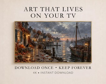 Halloween Harbor Frame TV Art, Coastal Ghost Scene with Autumn Sunset (Digital Download)
