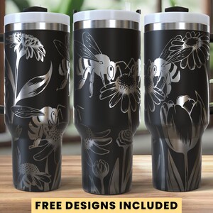 Bees & Wildflowers Tumbler Laser Engrave SVG, Full Wrap Design for 40oz Tumbler, Seamless Design, SVG and PNG For Rotary | Digital Download