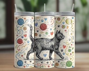 Sketch Cat Yarn Art Tumbler Wrap, Colorful Pet Lover Design (Digital Download)