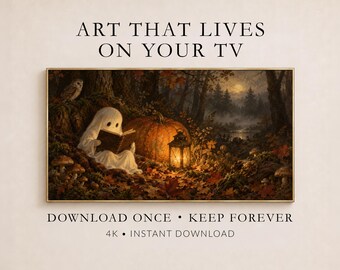 Ghost's Lanternlit Autumn Reading Frame TV Art, Spooky Forest Fall Scene (Digital Download)