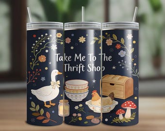 Whimsical Thrift Shop Goose Floral Folk Art, 20oz Skinny Tumbler Wrap PNG (Digital Download)