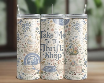 Floral Chinoiserie Tumbler Wrap, Vintage Blue Cottagecore Design (Digital Download)
