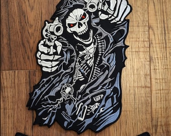 Custom Biker Patch Set – Grim Reaper Skull Rocker Patches – Motorcycle Jacket Embroidery