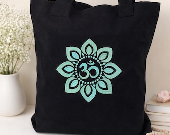 Embroidered Om Mandala Cotton Canvas Tote Bag, Yoga Meditation Bag