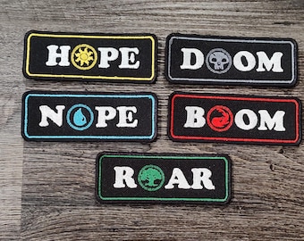 MTG mana symbol tags – embroidered patch set (Hope, Nope, Boom, Power, Grow)