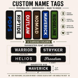 Puede incluir: Imagen de etiquetas de nombre personalizadas y bordadas. Muestra seis colores de lona y opciones de fuente como "Warrior" y "Freedom". El tamaño sugerido es de aproximadamente 10 cm por 2,8 cm.