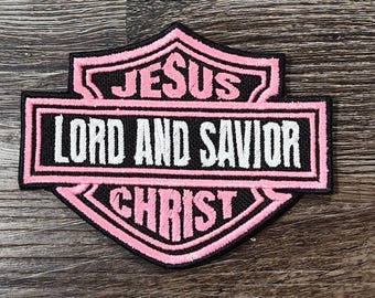Embroidered Christian Biker Patch | Jesus Lord Savior Christ Pink - Orange Faith Sew-on/Iron-on