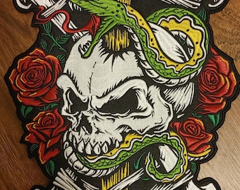 Skull Snake Roses Embroidered Back Patch | Gothic Biker Sew-On (15x10 in.)