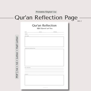 May include: A white printable Qur'an Reflection Page with the text "Qur'an Reflection" and "Reflect, Reconnect, and Grow." The page includes sections for date, theme, verse, key verse, thoughts, and key takeaways. The page is available in PDF format.