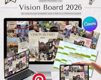 2026 Vision Board Template, Editable in Canva, Minimal Aesthetic, Printable and Wallpaper Ready, Pinterest board included, Manifestation