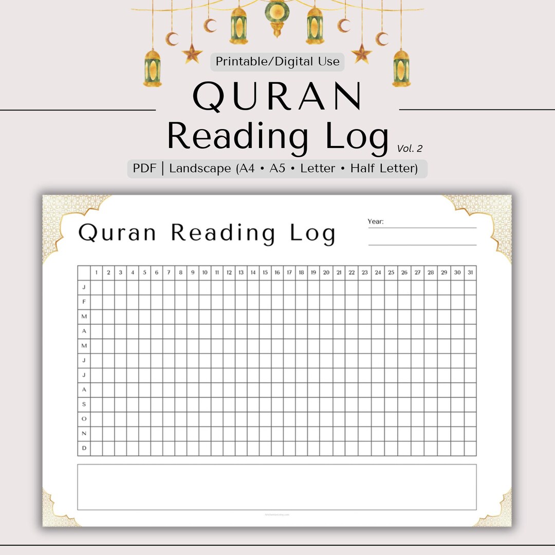 Quran Reading Log Printable Template, Ramadan Tracker PDF (A4 A5 US ...