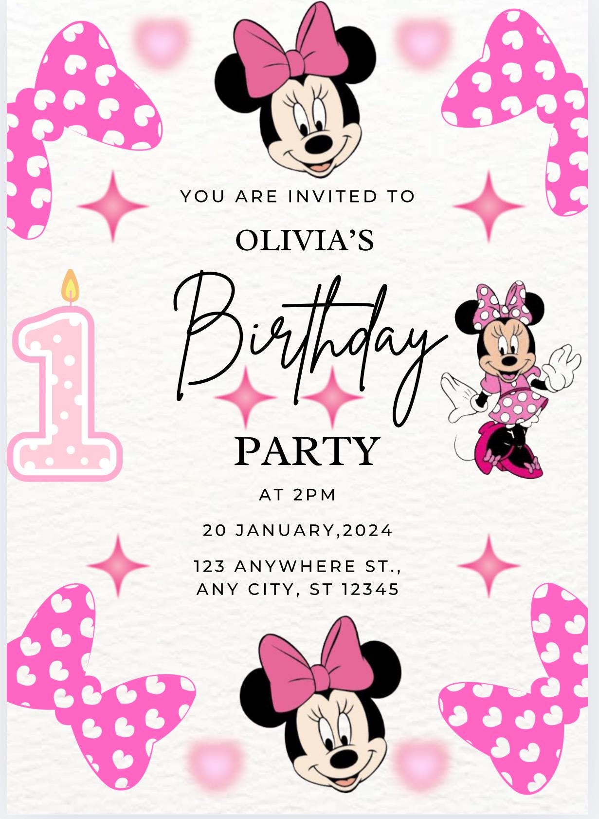 Editable Minnie Mouse 1st Birthday Invitation (digital Download) Etsy