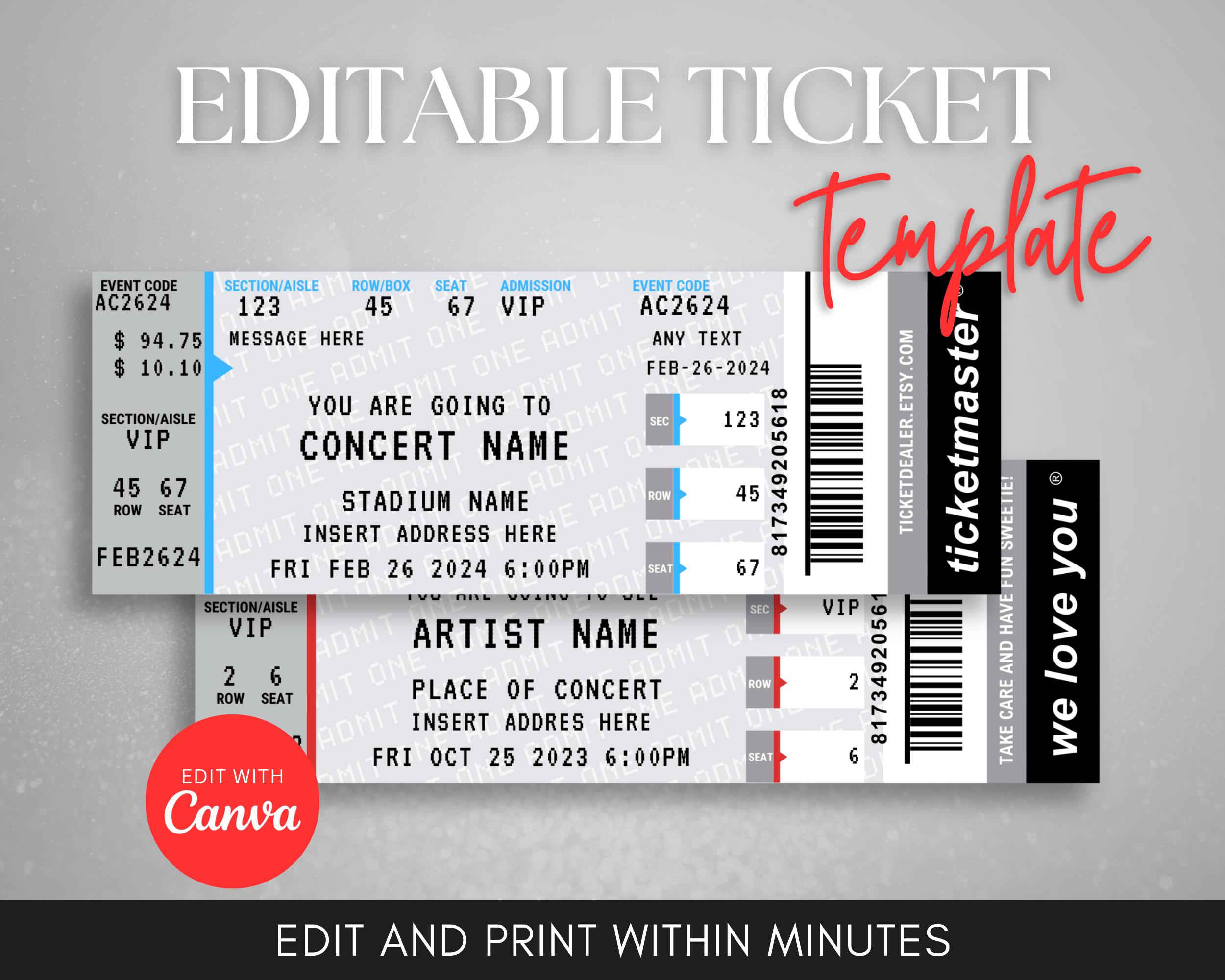 Editable Ticketmaster Ticket | Custom Concert Event Tickets | DIY Canva Template Instant Download