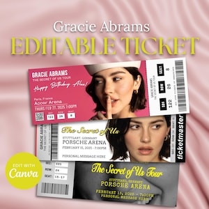 Gracie Abrams bearbeitbares Konzertticket, The Secret of Us Tour, Erinnerungsstücke Überraschungsgeschenk, Gracie Edit Ticket, digitaler Download