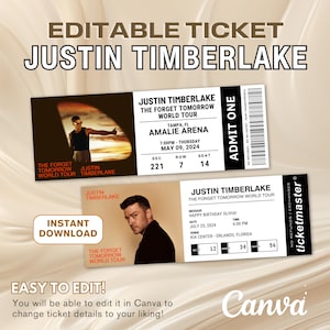 Justin Timberlake bearbeitbares Konzertticket, Justin Forget Tomorrow 2024, Erinnerungsstücke Überraschungsgeschenk, Timberlake Bearbeitungskarte, digitaler Download