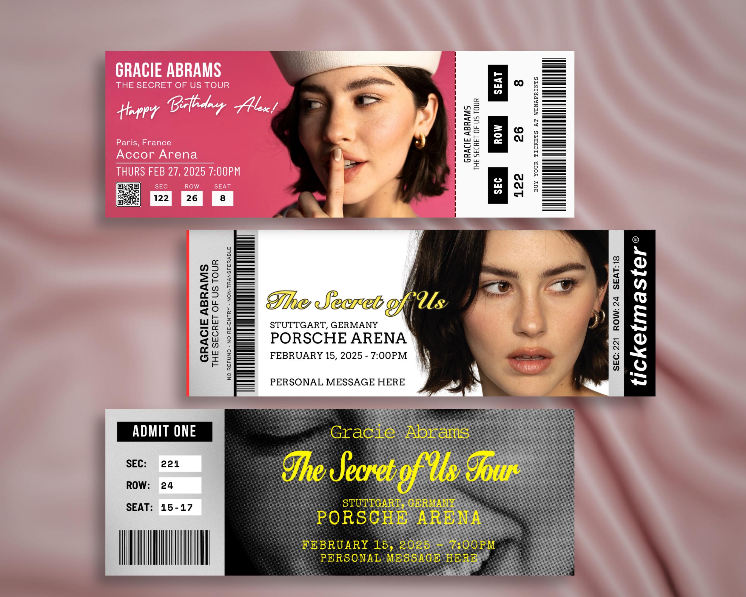 Gracie Abrams Editable Concert Ticket, the Secret of Us Tour