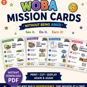 May include: A set of four WOBA Mission Cards featuring tasks like making a bed, tidying a room, brushing teeth, and emptying the dishwasher. The cards include colorful illustrations, numbered steps, and the text See it. Do it. Earn it! in a PDF format.