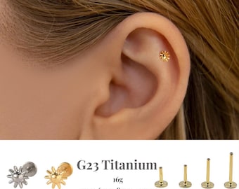 Pendiente de labio con pasador de presión Sun de 16 g, pendiente de parte posterior plana sin rosca, pendiente de trago, pendiente de parte posterior plana, pendiente de hélix, pendiente de cartílago, pendiente de nariz