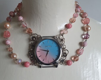 Pink and Blue Working Watch Collar Necklace with pink chain of recycled mixed media beads