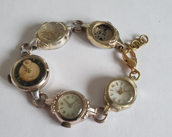 Upcycled, Mechanical Watches Bracelet, Gold Assemblage Jewelry