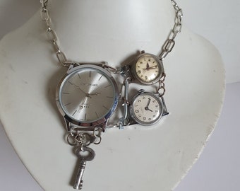 Vintage Watch Choker, Funky Necklace, Steampunk Key, Mechanical Watches