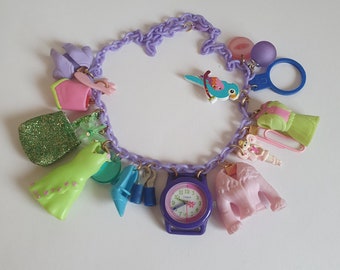 Purple Plastic Chain Watch Choker Necklace w/ Small Vintage Toys Charms and Doll Accessories