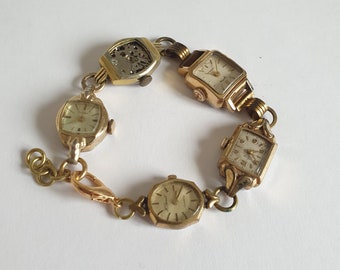 Vintage Watches Bracelet, Assemblage Jewelry, Art Deco Gold Watch Bracelet