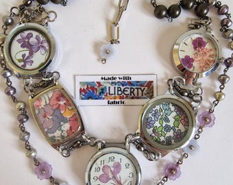 Handmade Repurposed Watch Necklace with Liberty Fabric Pressed Flowers & Freshwater Pearls