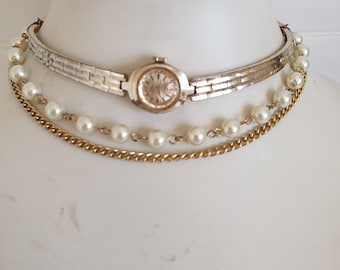 Gold Mechanical Dress Watch Necklace Elegant Choker