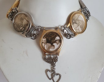 Assemblage Jewelry of Antique Photo Lockets, Romantic and Memento Mori Necklace