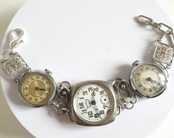 Upcycled Mechanical Watches Bracelet, Assemblage Jewelry, Repurposed Jewellery including a Vintage Silver Filigree Panel