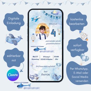 Convite digital para festa de aniversário infantil | convite personalizado | Cartão eletrônico para meninos | Modelo Canva para autodesign