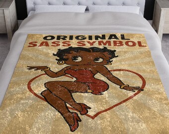 Velvet Blanket, Original Sass 50x60 Minky Throw, Nostalgic African Betty Boop Blanket, Home Decor, 1930s Retro, Black Betty Boop Bedding