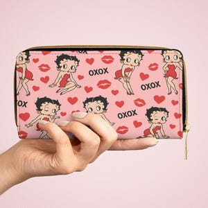 Betty Boop Zipper Wallet, Cute Cartoon Wallet, XOXO Purse, Heart Print Essentials, Fun Gift for Her, Valentine&#39;s Day Accessory