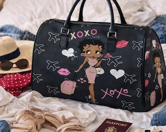 African Traveler Betty Boop Travel Bag, PU Leather Duffel Bag, Black Weekend Bag, Overnight Luggage, Gym Bag, Carry On Handbag