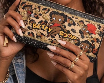 Betty Boop African Zipper Wallet, Leopard Print Coin Purse, Card Holder Wallet, Cute Cartoon Wallet, Small Compact Wallet, Gift for Women