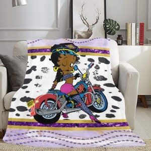 Motorcyclist African Betty Boop Ultra Soft Fleece Blanket,  LARGE Black Betty Throw Blanket Plush Bedding, Home Decor, gifts for her, quilt