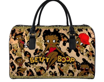 African Leopard Betty Boop PU Leather Travel Bag Gym Bag Duffel Bags Black Betty Boop Traveling Handbag luggage overnight bag