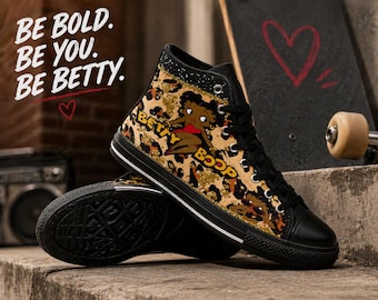 Zapatillas altas Betty Boop con estampado de leopardo para mujer / Zapatillas de lona con dibujos animados retro / Calzado casual y moderno estilo streetwear