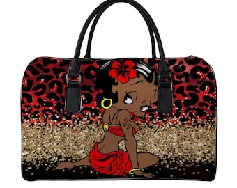 African Aloha Betty Boop PU Leather Travel Bag Gym Bag Duffel Bags Black Betty Boop Traveling Handbag luggage overnight bag