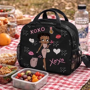 Torba na lunch Betty Boop African, torba termiczna, niebieska torba na jedzenie, torba podróżna na piknik, torba na przekąski do pracy i szkoły, urocze pudełko na lunch zdjęcie 1